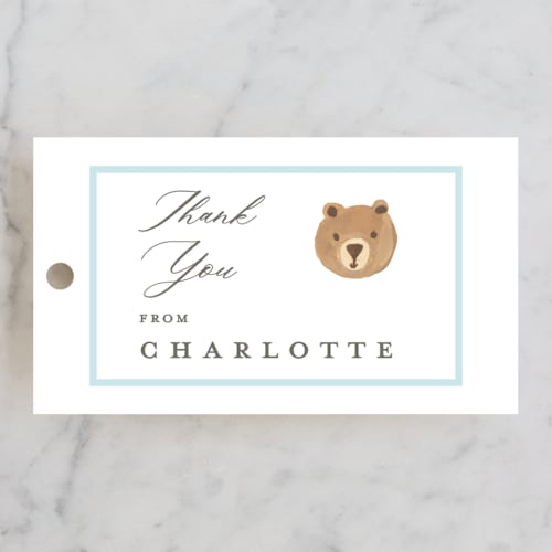 This is a blue berry baby shower favor tags with standard by Teju Reval called hot air balloon bear printing on signature in tag