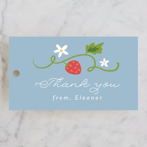 This is a blueberry baby shower favor tags with standard by Hudson meet Rose called berry sweet printing on signature in tag
