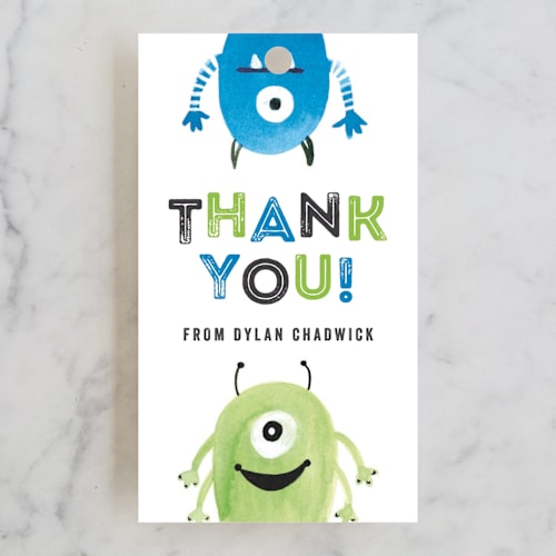 This is a royal kids gift tags with standard by Olivia Raufman called monster party printing on signature in tag