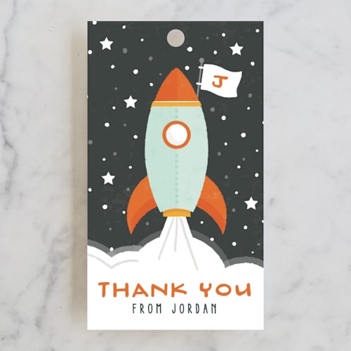 This is a moon kids gift tags with standard by Michelle Taylor called blast off printing on signature in tag