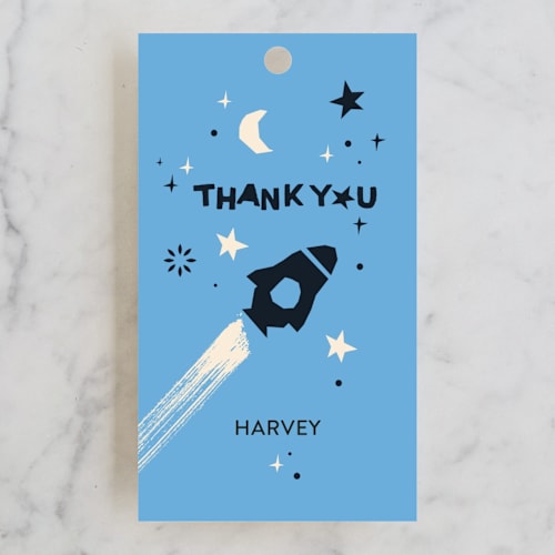 This is a sky kids gift tags with standard by Charlotte Smith called cosmic adventure printing on signature in tag