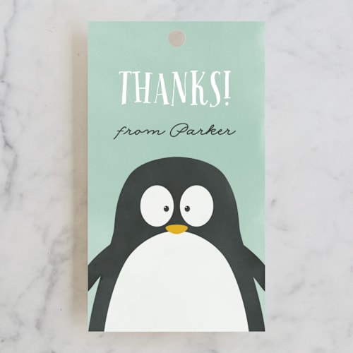 This is a mint kids gift tags with standard by Brianne Larsen called penguin party printing on signature in tag