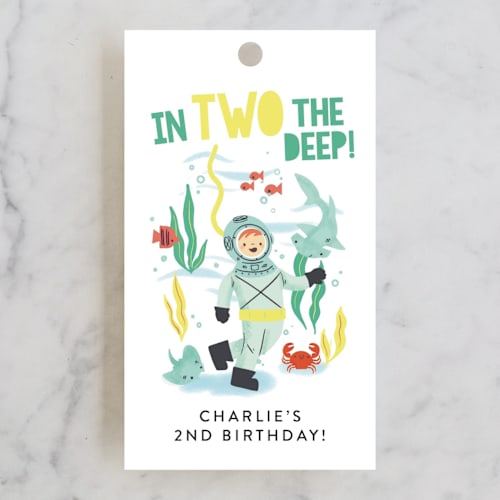 This is a sea green kids gift tags with standard by Itsy Belle Studio called deep dive printing on signature in tag