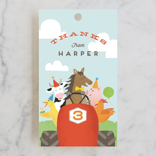 This is a robin’s egg kids gift tags with standard by Jennifer Wick called farm animal friends printing on signature in tag