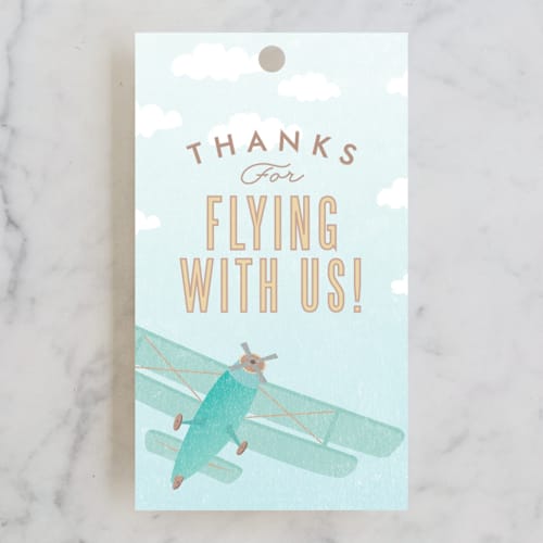 This is a teal kids gift tags with standard by Karidy Walker called come fly with us printing on signature in tag