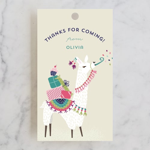 This is a coral kids gift tags with standard by Jackie Crawford called party llama printing on signature in tag