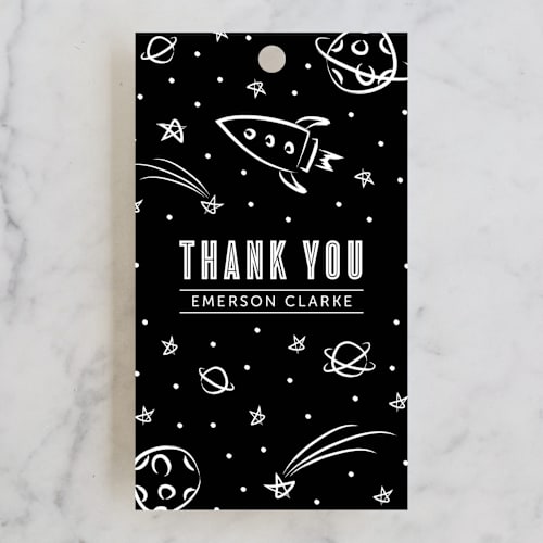 This is a ivory kids gift tags with standard by Lehan Veenker called cosmic doodles printing on signature in tag