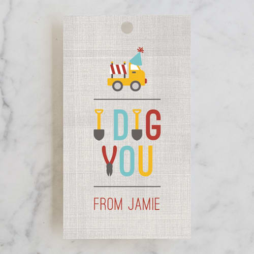 This is a firetruck kids gift tags with standard by Michelle Poe called dig it printing on signature in tag
