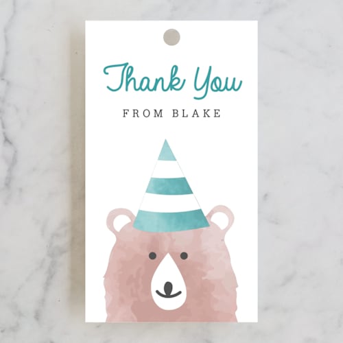 This is a turquoise kids gift tags with standard by Kampai Designs called woodland printing on signature in tag