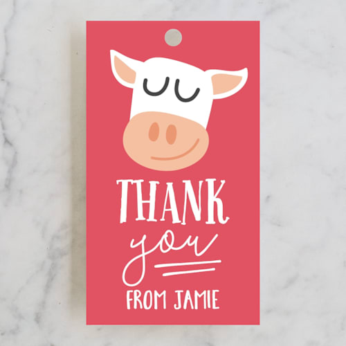 This is a candy apple kids gift tags with standard by Jessie Steury called oink & moo printing on signature in tag