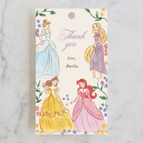 This is a buttercream kids gift tags with standard by Cass Loh called disney princess garden party printing on signature in tag