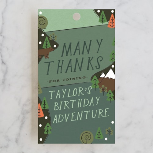 This is a forest kids gift tags with standard by Jennifer Lew called skip go printing on signature in tag