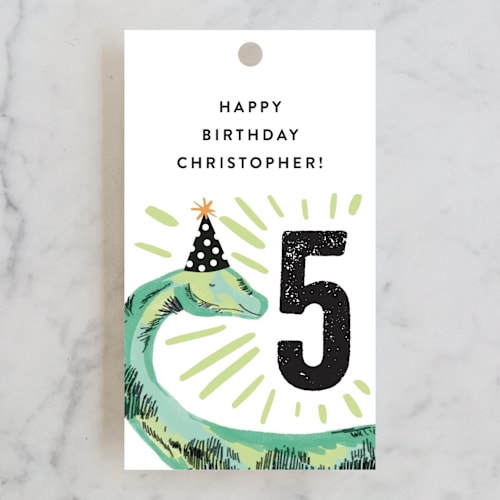 This is a fern kids gift tags with standard by Alethea and Ruth called dino party hat printing on signature in tag