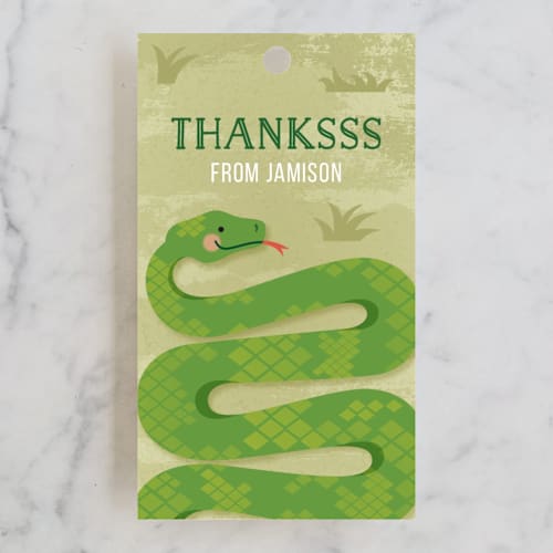 This is a grass kids gift tags with standard by Jessica Ogden called slithering snake printing on signature in tag