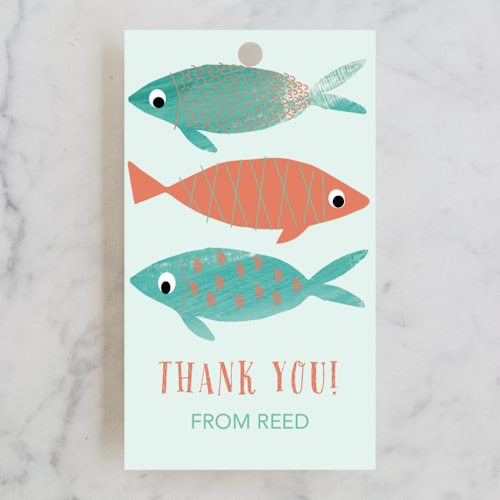 This is a papaya kids gift tags with standard by Hallie Fischer called fin-tastic celebration printing on signature in tag