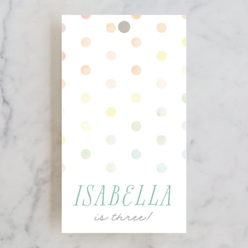 This is a rainbow kids gift tags with standard by Robert and Stella called balloon arch printing on signature in tag