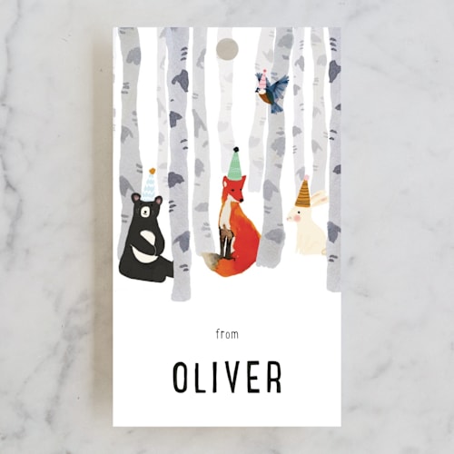 This is a snow kids gift tags with standard by Morgan Kendall called woodland winter printing on signature in tag