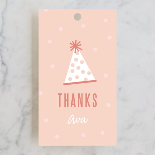 This is a coral kids gift tags with standard by Lauren Chism called pizza party hat printing on signature in tag