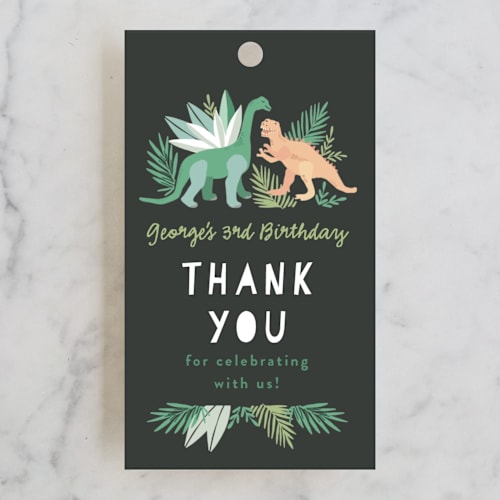 This is a graphite kids gift tags with standard by Alethea and Ruth called dino friends printing on signature in tag