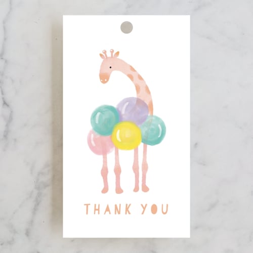 This is a blush kids gift tags with standard by iamtanya called giraffe and balloons printing on signature in tag