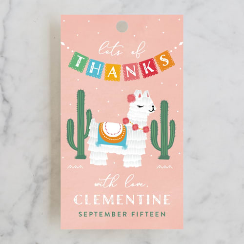 This is a strawberry kids gift tags with standard by Jennifer Lew called llama piñata printing on signature in tag