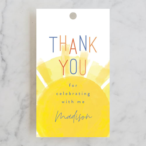 This is a marshmallow kids gift tags with standard by Rebecca Durflinger called little sunshine printing on signature in tag