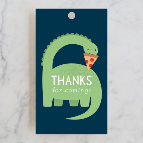 This is a leaf kids gift tags with standard by Kacey Kendrick Wagner called arched dinosaur printing on signature in tag