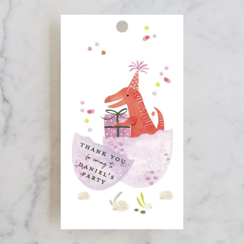 This is a forest kids gift tags with standard by Sarah Knight called party dinos printing on signature in tag