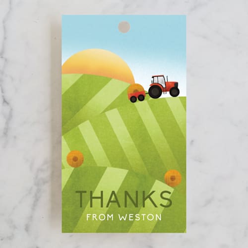 This is a field kids gift tags with standard by Erin German called down on the farm printing on signature in tag