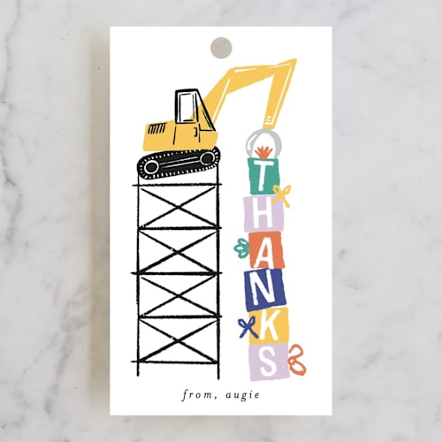 This is a citrine kids gift tags with standard by Shiny Penny Studio called build it birthday printing on signature in tag