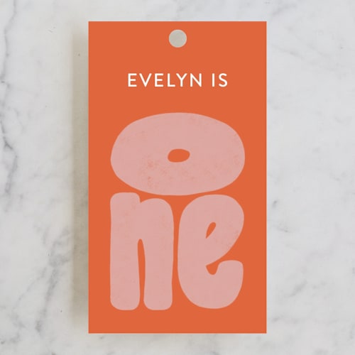 This is a bubble gum kids gift tags with standard by Jen Owens called a big one printing on signature in tag