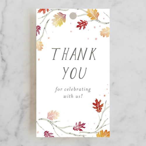 This is a burnt sienna kids gift tags with standard by Jackie Crawford called watercolor leaf frame printing on signature in tag