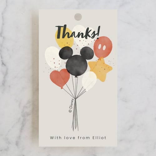 This is a cream kids gift tags with standard by Adelyn T. called disney's mickey balloon bunch printing on signature in tag