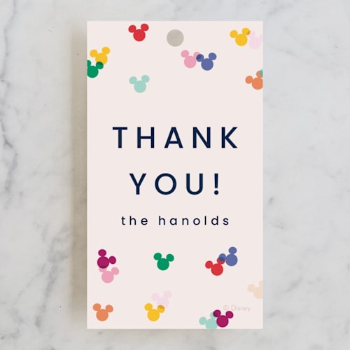 This is a bold kids gift tags with standard by Ellen Schlegelmilch called disney's mickey confetti printing on signature in tag