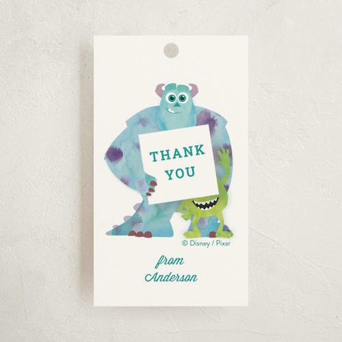 This is a marshmallow kids gift tags with standard by Holly Whitcomb called disney and pixar's monster's inc party printing on signature in tag