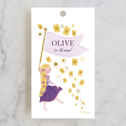 This is a lilac kids gift tags with standard by Katherine Dietz called disney's tangled floral birthday invite printing on signature in tag