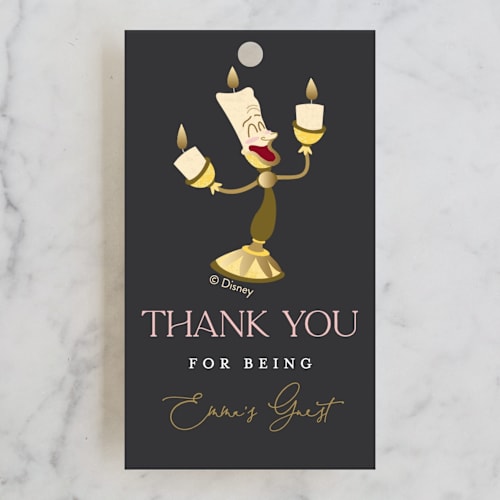 This is a midnight kids gift tags with standard by Erica Krystek called disney's beauty and the beast be our guest printing on signature in tag