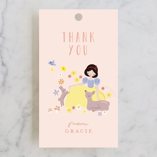 This is a peach kids gift tags with standard by Angela Thompson called disney's snow white & forest friends printing on signature in tag