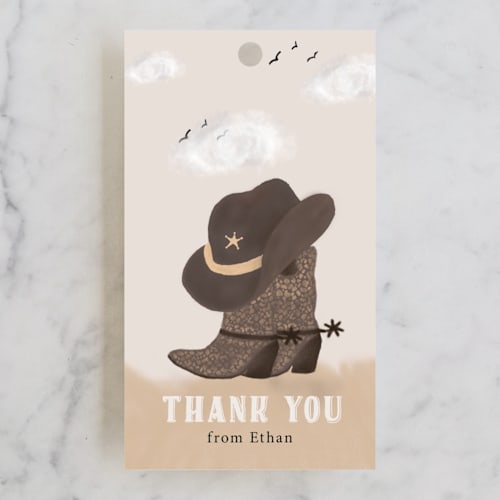 This is a sand kids gift tags with standard by Jelena Vuletic called cowboy party printing on signature in tag
