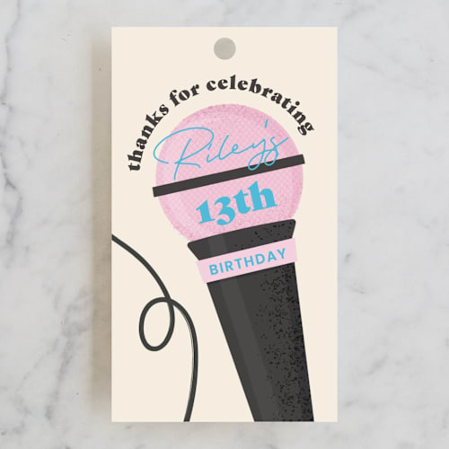 This is a electric blue kids gift tags with standard by Lisa McLean called karaoke time printing on signature in tag