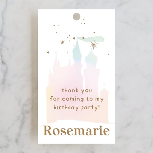 This is a carnation kids gift tags with standard by Phrosné Barwood called princess fairytale castle printing on signature in tag