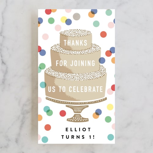 This is a champagne kids gift tags with standard by Alethea and Ruth called foil cake printing on signature in tag