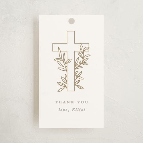 This is a sand kids gift tags with standard by Creo Study called gilded cross printing on signature in tag