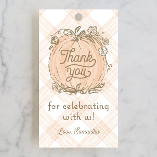 This is a peach kids gift tags with standard by Paper Sun Studio called little pumpkin printing on signature in tag