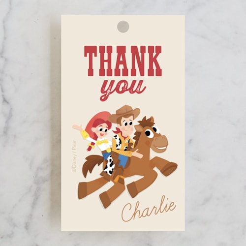 This is a vanilla kids gift tags with standard by Jessie Steury called disney and pixar's cowboy friends printing on signature in tag