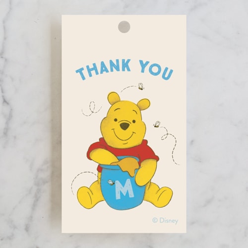 This is a cornflower kids gift tags with standard by Snow and Ivy called disney's pooh birthday printing on signature in tag