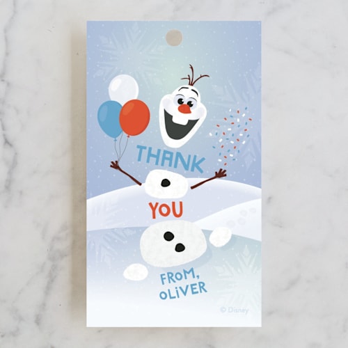 This is a periwinkle kids gift tags with standard by Erica Krystek called disney's olaf to party printing on signature in tag