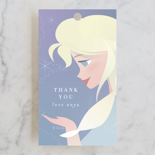 This is a frost kids gift tags with standard by Lori Wemple called disney's elsa the snow queen printing on signature in tag