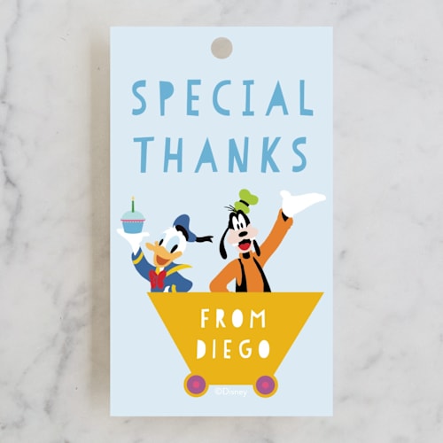 This is a sky kids gift tags with standard by Madhvi Samimi called disney mickey & friends birthday train printing on signature in tag