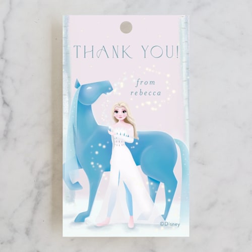 This is a dawn kids gift tags with standard by Kim Thoa called disney's elsa and nokk magical forest printing on signature in tag